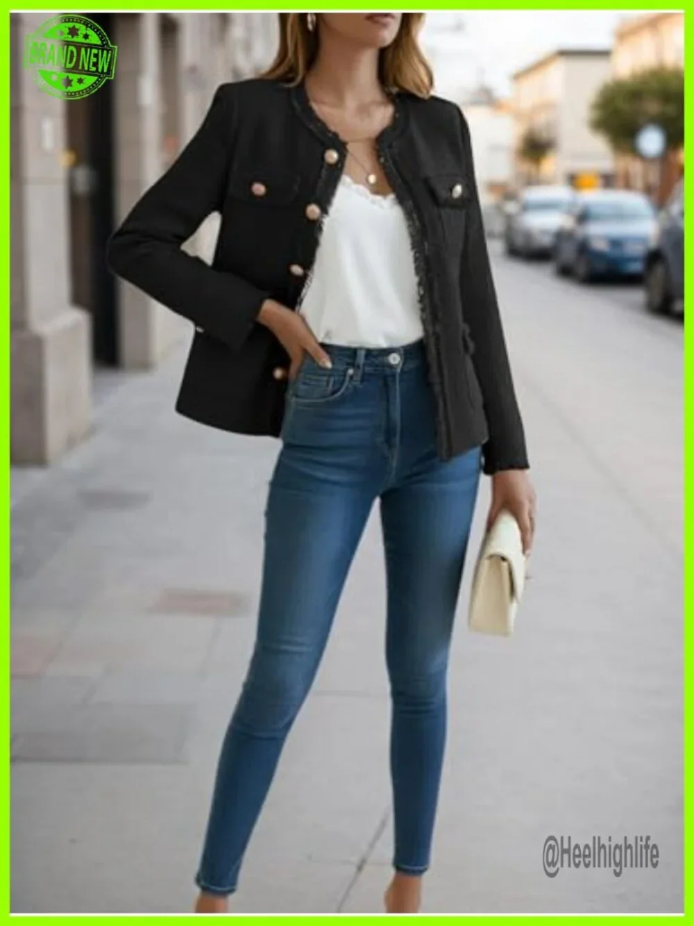 Tweed Blazer Jacket Crewneck Open Front Office Coat Pockets